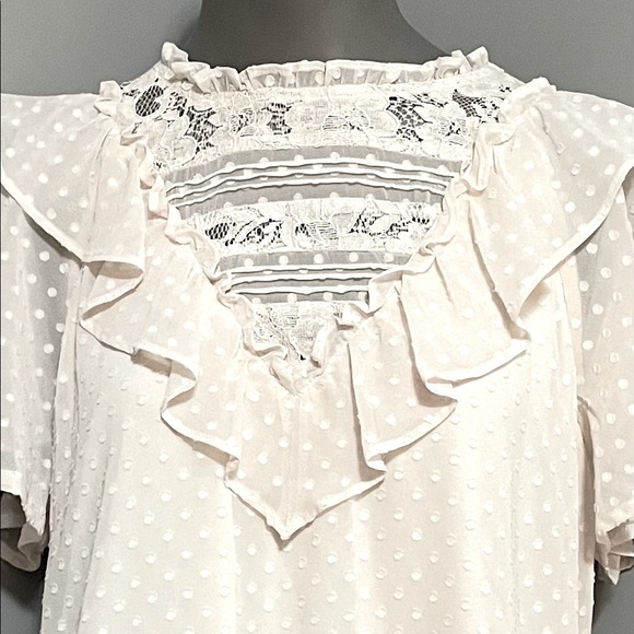 NWOT KENSIE SHORT SKEEVE “Swiss Dot” IVORY CHIFFON LACE RUFFLE BLOUSE Sz M - Picture 6 of 9